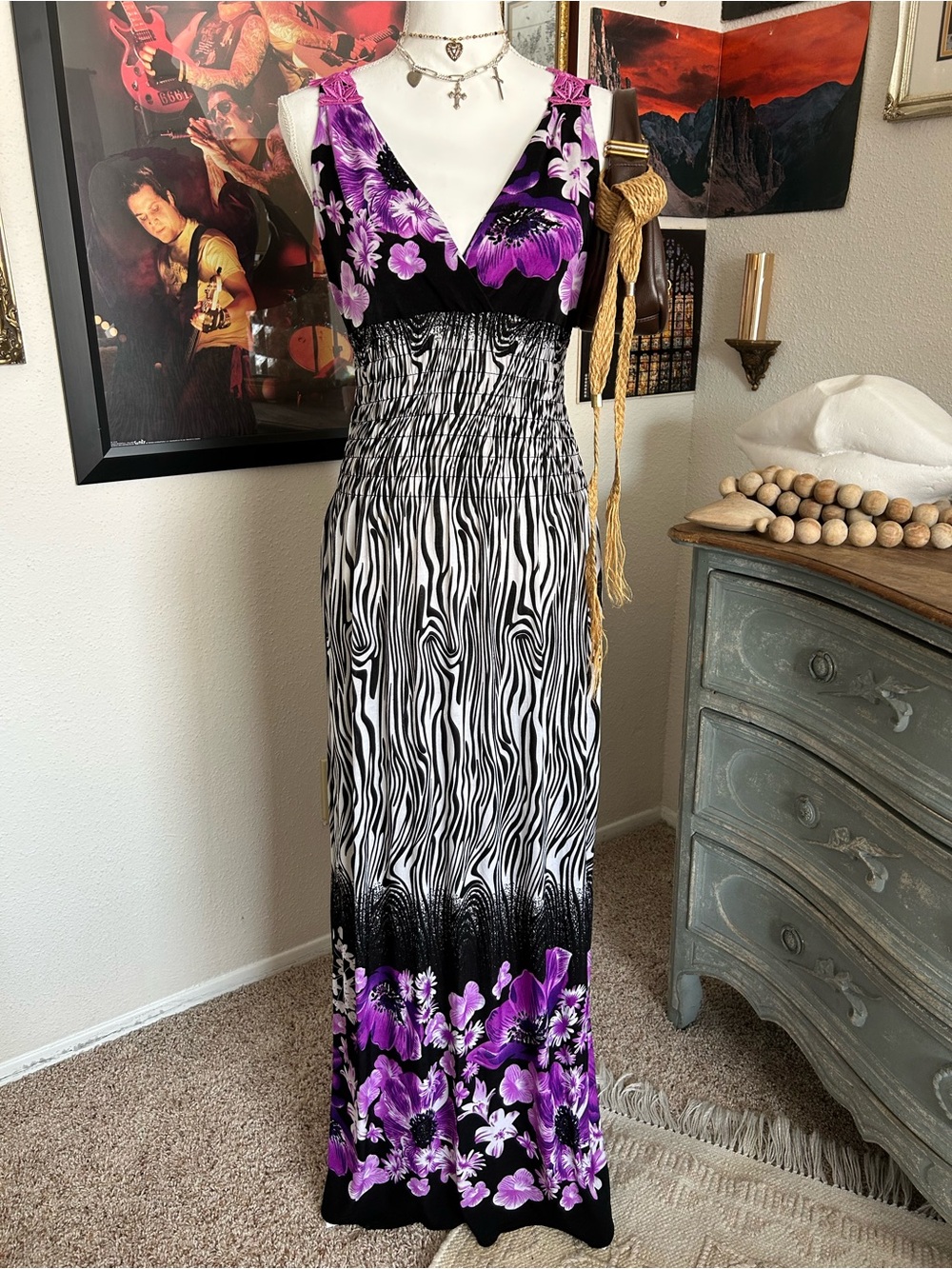 Vintage Y2K Maxi Dress Size XS Multicolor Graphic Print Zebra Flower Lace Fairy